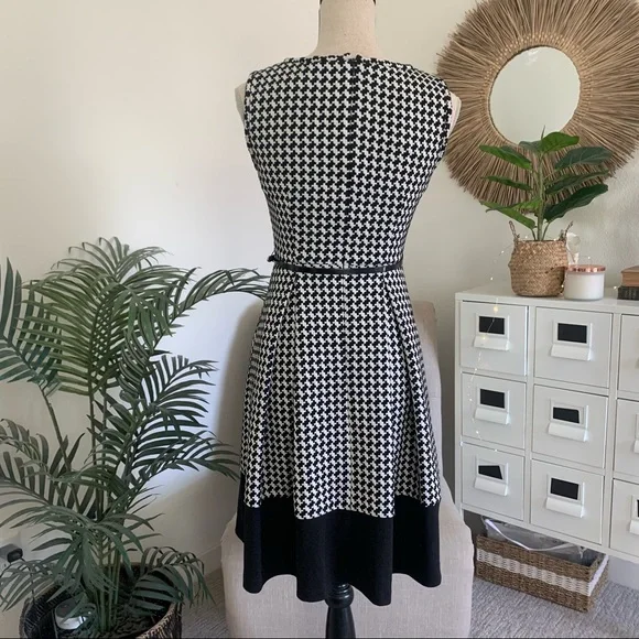 Calvin Klein Black White Houndstooth Belted Sleeveless Fit & Flare Work Dress 2 - Picture 5 of 12